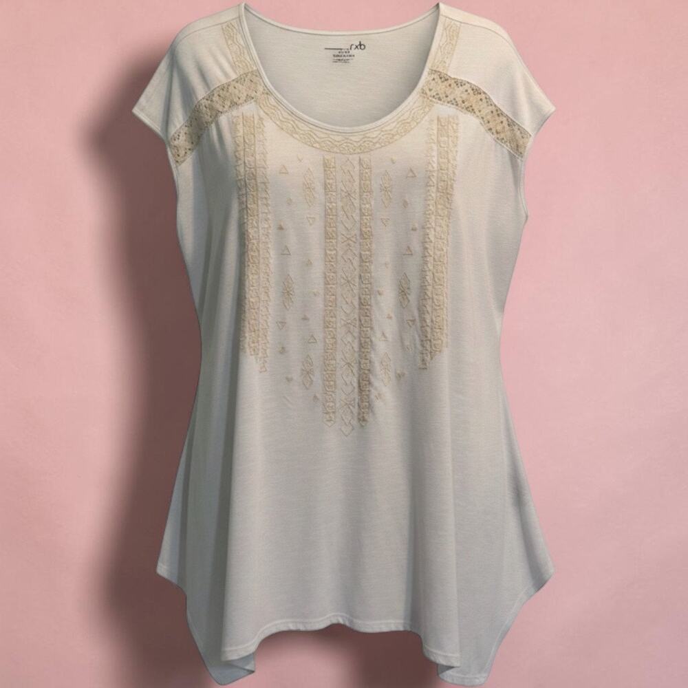 RXB XL Ivory Embroidered Tunic‎ Top | Boho Short Sleeve Soft Knit